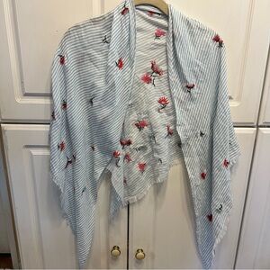 Light Blue Striped Triangle Scarf with Red Floral Embroidery